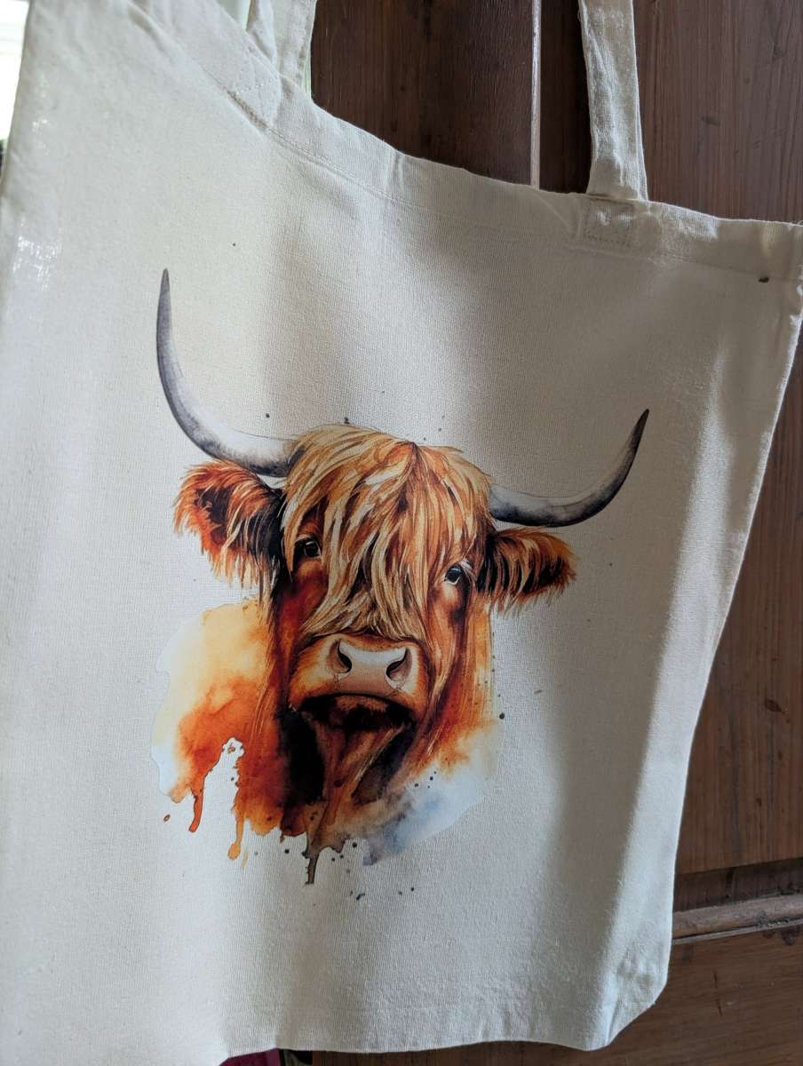 Handcrafted Cotton Animal Tote Bag – Highland Cow & Hare - Image 2